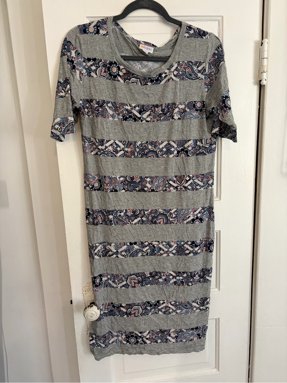 LuLaRoe Grey Striped Paisley Midi Dress with Navy and Blush Accents